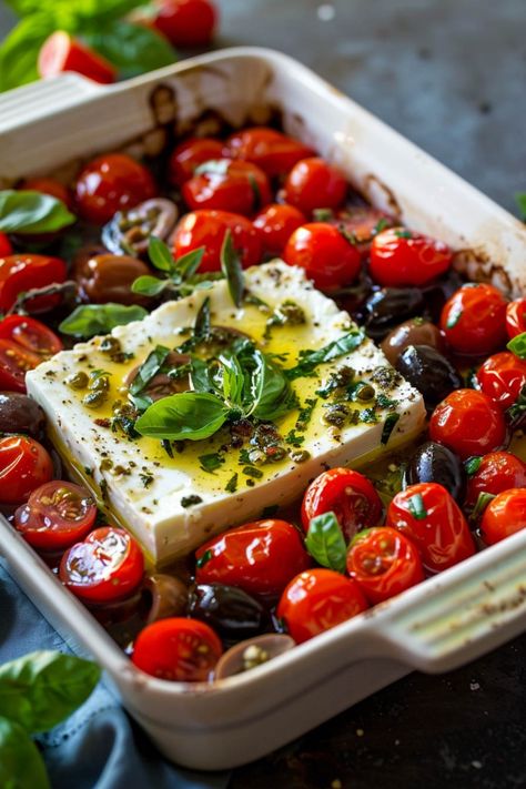 Baked feta cheese with cherry tomatoes, olives, and basil in olive oil, ready for cooking. Mediteranian Dinner Recipes, Diet And Health, Healthy Dinner Ideas Mediterranean, Mediterranean Recipes Aesthetic, Mediterranean Tomato Recipes, Medeteranian Dinner Party, Easy Eats Dietician, Meditteranean Diet Side Dishes, Mediterranean Diet Recipes With Zucchini