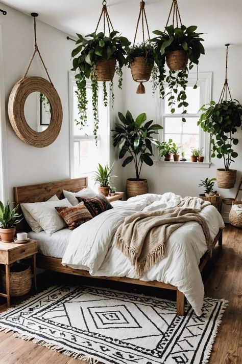 Indoor Plants Decor Bedroom, Boho Style Bedroom Decor, Bedroom With Plants, Boho Style Bedroom Ideas, Bedroom Plants Decor, Bohemian Bedroom Ideas, Plant Bedroom, Bohemian Bedrooms, Style Bedroom Ideas