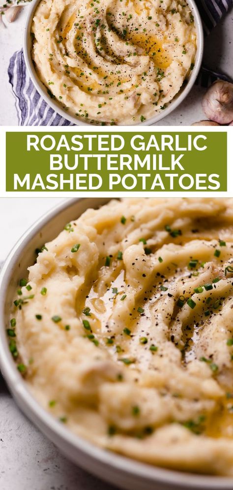 roasted garlic buttermilk mashed potatoes. an easy & ultra creamy roasted garlic buttermilk mashed potatoes recipe! yukon gold potatoes get mashed until perfectly creamy with butter & buttermilk, then finished with deeply caramelized roasted garlic. the perfect side dish for thanksgiving or any comfort food dinner! #playswellwithbutter #buttermilkmashedpotatoesrecipe #roastedgarlicbuttermilkmashedpotatoes #easymashedpotatoes #bestmashedpotatoes #thanksgivingsidedish #thanksgivingrecipe Mashed Potatoes Thanksgiving, Buttermilk Mashed Potatoes, Garlic Mashed Potatoes Recipe, Butter Mashed Potatoes, Roasted Garlic Mashed Potatoes, Easy Mashed Potatoes, Best Mashed Potatoes, Mashed Potatoes Recipe, Gold Potatoes