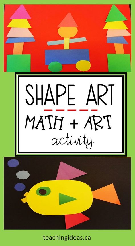 Shape Activities Elementary, Two Dimensional Shapes Activities, Math Art Projects 3d Shapes, Kindergarten Shapes Art Project, Math Arts And Crafts Preschool, Shape Activities For Prek, Art For Grade 1 Ideas, Building With Shapes Preschool, Simple Art Preschool