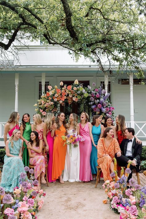 Colorful wedding day inspiration at Mattie's in Austin, Texas | Luxury wedding details and stationery design. | Owl & Envelope Rainbow Bridesmaids, Colorful Backyard, Wedding Palettes, Wildflower Wedding Theme, Multicolor Wedding, Bright Wedding Colors, Dress Code Wedding, Rainbow Wedding, Bright Wedding