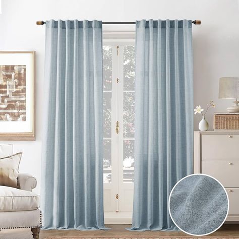 Amazon.com: DriftAway Blue Linen Curtains 84 Inches Long for Living Room Thick Semi Sheer 2 Panels Farmhouse 3 Inch Rod Pocket Back Tab Boho Rustic Light Filtering Window Drapes for Bedroom Privacy Assured : Home & Kitchen Coastal Living Room Window Treatments, Coastal Curtain Ideas, Light Blue Curtains Living Room, Blue Curtains Bedroom Ideas, Bedroom Blue Curtains, Blue Linen Curtains, Blue Girls Room, Baby Blue Curtains, Beige Curtains Living Room