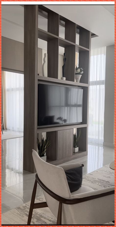 [PaidLink] 37 Incredible Living Room Partition Design With Tv Hacks You'll Want To Use This Summer #livingroompartitiondesignwithtv Tv Rotate Design, Rotating Tv Panel, Tv Room Divider Ideas, Tv Divider Design For Living Room, Tv Wall Divider, Divider Wall Ideas With Tv, Wall Separation Ideas Room Dividers, Tv Partition Wall Interior Design, Rotating Tv Wall