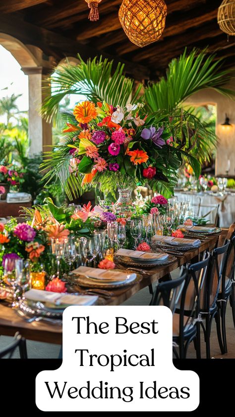 Tropical wedding venue decorated with lush greenery, vibrant flowers, and elegant beach-inspired details, creating an enchanting oasis atmosphere. Tropical Wedding Theme Table Decor, Tropical Beach Wedding Decorations, Destination Wedding Colors Beach, Tropical Glam Wedding Decor, Wedding Decorations Tropical, Paradise Theme Party, Tropical Minimalist Wedding, Tropical Centerpieces Wedding, Hawaiian Wedding Decor