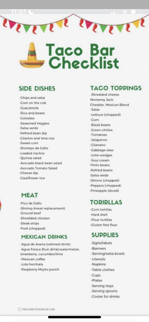 Bar Checklist, Taco Bar Buffet, Taco Bar Wedding, Mexican Party Food, Taco Bar Party, Party Food Bars, Buffet Set Up, Mexican Buffet, Nacho Bar