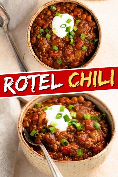 This recipe for Rotel chili is quick, easy, and delicious! With just 8 ingredients and about 30 minutes, you'll have a piping hot, incredible bowl of chili on the table. Crockpot Chili With Rotel, Chili Recipe With Rotel Tomatoes, Chili With Rotel Recipe, Chili Recipe Rotel, Hamburger And Rotel Recipes, Chili Recipe With Rotel, Pool Desserts, Chili With Salsa, Rotel Chili Recipe