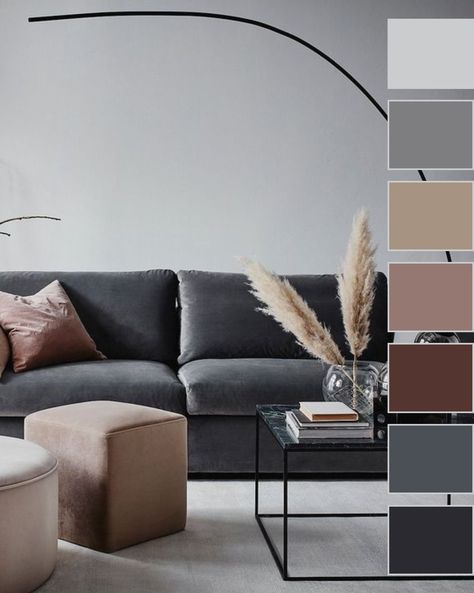 Grey Room Color Palette, Living Room Color Schemes With Grey, Gray Color Pallete Living Room, Grey Color Pallete Living Room, Living Room Grey Color Scheme, Gray Room Palette, Grey Interior Palette, Gray Interior Color Schemes, Grey Home Color Palette