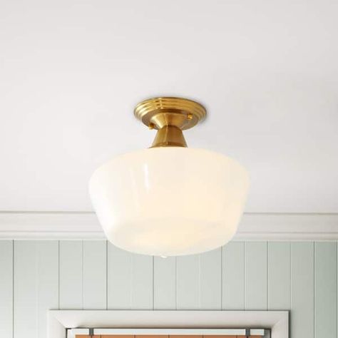 Vintage Gold 1-Light White Glass Semi Flush Mount Lighting Fixture - On Sale - Bed Bath & Beyond - 36993050 Flush Mount Lights, Glass Ceiling Lights, Light Fixtures Flush Mount, Semi Flush Mount Lighting, Glass Ceiling, Flush Ceiling Lights, Semi Flush Mount, Led Chandelier, Diffused Light