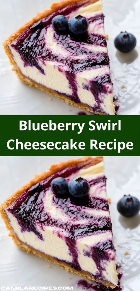 Searching for a crowd-pleaser? Discover this Blueberry Swirl Cheesecake, featuring a rich, velvety filling and a tangy blueberry swirl. It’s a simple dessert recipe that brings joy to any occasion. Cheesecake With Blueberry Sauce, Blueberry Topping For Cheesecake, Blueberry Swirl Cheesecake, Unique Recipes Desserts, Easy Dessert Idea, Blueberry Cheesecake Recipe, Swirl Cheesecake, Blueberry Topping, Impressive Desserts