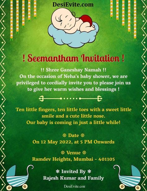 Baby seemantham Seemantham Invitation Card, Valaikappu Invitation, Indian Baby Shower Invitations, Baby Shower Invitation Message, Online Baby Shower Invites, Free Baby Shower Invitations, Indian Baby Showers, Online Baby Shower, Baby Shower Invitations Design