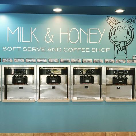 Milk & Honey | Frozen Yogurt & Coffee Shop (@milkandhoneyofmarianna) • Instagram photos and videos Yogurt Coffee, Cute Frozen, Frozen Yogurt Shop, Yogurt Shop, Blue Monster, Commercial Kitchen Equipment, Dole Whip, Milk Honey, Soft Serve