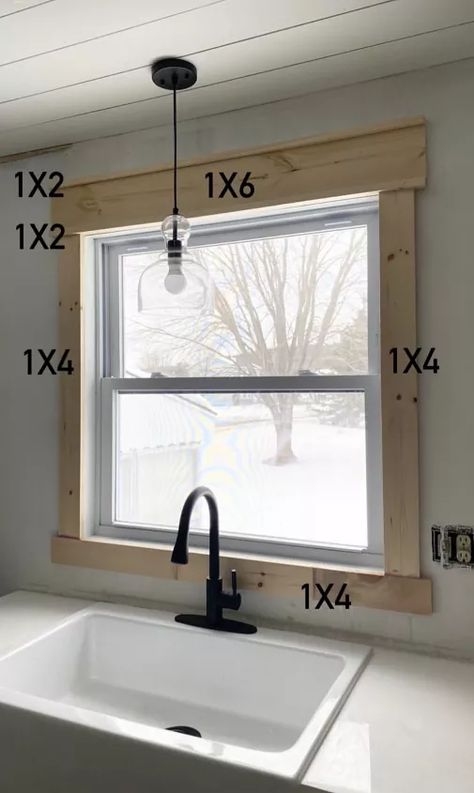 DIY Farmhouse Window Trim | Hometalk Farmhouse Windows Trim, Front Of House Remodel Ideas, 1x4 Trim Baseboards Diy, House Trim Styles, Farmhouse Window Molding, Wood Over Window, Farm Style Baseboards, Window Trimming Ideas, Redo Window Trim