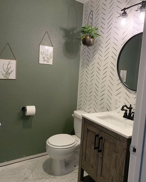 Embarking on a DIY half bathroom remodel can be both exciting and daunting, especially when dealing with smaller spaces. Thankfully, we have some tips and ideas to help you succeed with your remodeling project! #bathroom #diy #halfbathroom Herringbone Stencil, Paint Bathroom, Half Bathroom Remodel, Half Bathroom Decor, Bathroom Accent Wall, Bathroom Accents, Bad Inspiration, Wall Stencil, Downstairs Bathroom