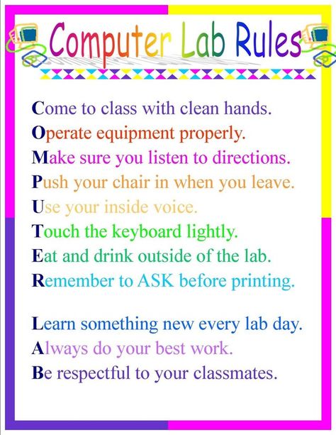 So you got the technology teaching job, now what? Whether you're coming from the general ed classroom or you're a brand new teacher, these ideas will set you up for a successful first day of class with your students. Computer Lab Posters, Computer Lab Rules, Lab Rules, Computer Lab Decor, School Computer Lab, Elementary Computer Lab, Computer Lab Classroom, Technology Lesson, Elementary Technology