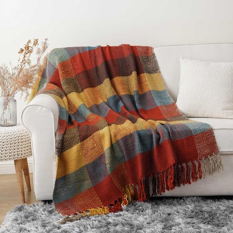 BATTILO HOME Fall Plaid Throw Blanket for Couch, Colorful Throw Blankets, Orange Checkered Throw Blanket for Chair Bed Sofa Rustic Home Decor Fall Decor, 50"x60" Orange Throw Blanket, Fall Throw Blanket, Fringe Throw Blanket, Plaid Throw Blanket, Colorful Blanket, Blanket For Couch, Plaid Throw, Woven Throw Blanket, Knit Throw Blanket