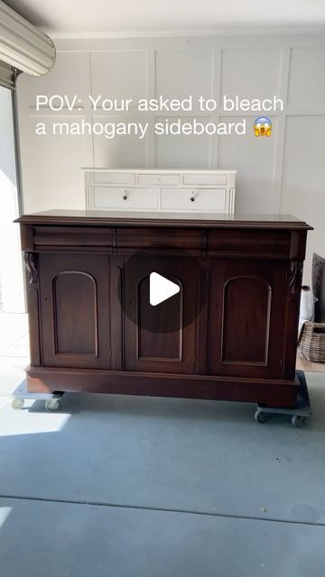 Mahogany Sideboard Upcycle, How To Paint Raw Wood Furniture, Dresser Turned Sideboard, Upcycle Mahogany Furniture, Whitewashed Wood Cabinets, How To Restore Old Furniture Wood, Raw Wood Dressers, Antique Refurbished Furniture, Wood Bleaching Before And After