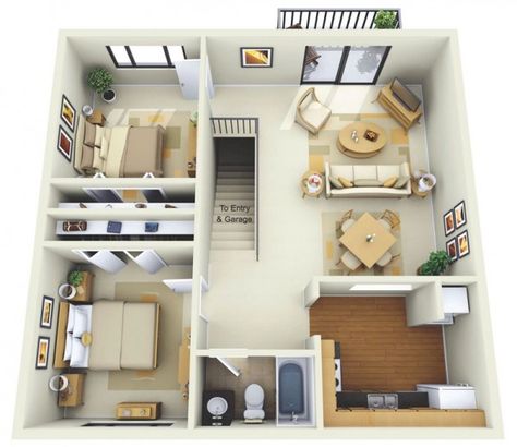 This two bedroom floor plan is simple, streamlined and convenient, as it offers easy access to a shared garage and entryway. Two Bedroom Floor Plan, Two Bedroom Apartment, Garage Apartment Plans, Two Bedroom House, 2 Bedroom House Plans, Apartment Floor Plan, Apartment Floor Plans, 2 Bedroom House, Apartment Architecture