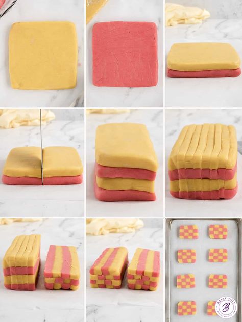 These fun Checkerboard Icebox Cookies are perfect for springtime or Easter and look so impressive on a buffet table. Japanese Checkerboard Cookies, Checker Board Cookies, Ice Cream Sundae Cookies, Icebox Cookies Recipe, Dessert Bento Box Ideas, Checkerboard Cookies Recipes, Slice And Bake Cookies Design, Checker Cookies, Checkered Cookies