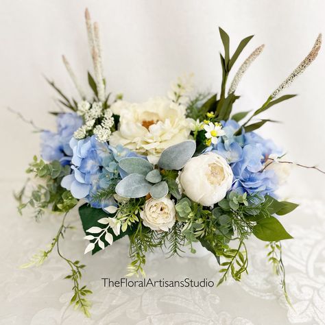 Excited to share this item from my #etsy shop: Blue Hydrangeas Floral Arrangement | Blue and Cream Floral Arrangement | Hydrangeas Floral Centerpiece | Mothers Day Gift / English Cottage #housewarming #white #beige #easter #rose #allseasons #eucalyptus #beachhouse #englishcottage Light Blue Flowers Arrangements, Blue Arrangements Flower, Beachy Floral Arrangements, Baby Boy Flower Arrangements, Blue Floral Centerpieces, Spring Floral Arrangements Centerpieces, Hydrangea Centerpieces, Blue Flower Arrangements, Bridesmaids Luncheon