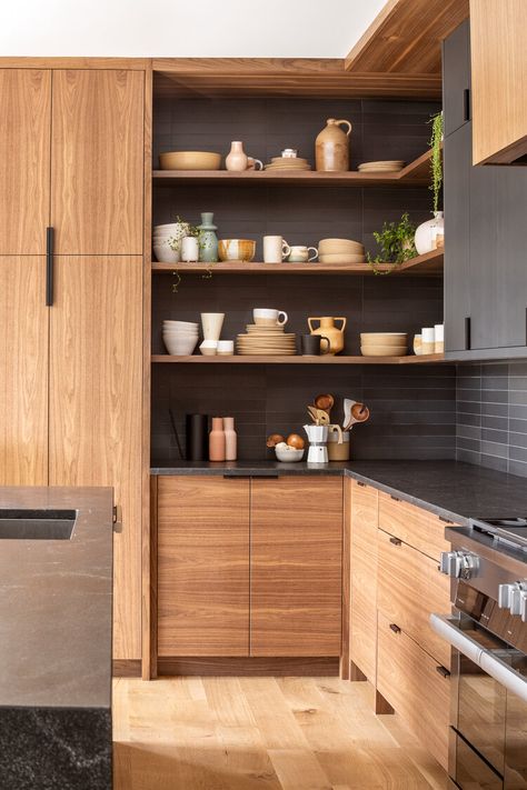 Mid Century Modern Kitchen Wood Cabinets, Kitchen Wooden Cabinets Modern, Small Modern Cabin Kitchen, L Shaped Kitchen No Upper Cabinets, White Oak Mid Century Modern Kitchen, Backsplash With Walnut Cabinets, Modern Functional Kitchen, Flat Panel Wood Kitchen Cabinets, Boho Mid Century Kitchen