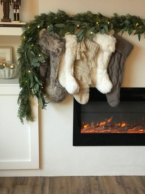 Stockings Hung Without Mantle, Stocking Over Fireplace, Stockings On Electric Fireplace, Stockings On Fireplace With No Mantle, Christmas Stockings No Mantle, Hanging Christmas Stocking Ideas, Stocking On Mantle, Hang Stockings On Mantel, Stocking Display No Mantle