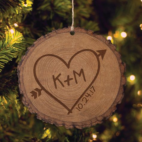 Free 2-day shipping on qualified orders over $35. Buy Personalized Heart Of Love Bark Ornament at Walmart.com Couple Ornaments Diy, Wood Burned Gifts, Heart Of Love, Diy Couple, Couple Crafts, Couples Christmas Ornament, Couple Christmas, Homemade Ornaments, Wood Burning Crafts