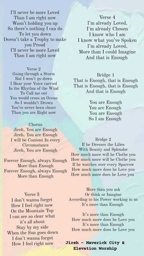 #Jireh #Lyrics #ElevationWorship #MaverickCity #Worship #Song #Cristian Jireh Lyrics, Sunday Morning Song, Christian Song Lyrics Quotes, Worship Song Lyrics, Christian Music Playlist, Maverick City, Hymn Lyrics, Gospel Song Lyrics, Womens Bible