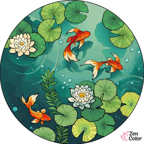 Koi Pond Drawing Simple, Koi Fish How To Draw, Koi Fish Graphic Design, Koi Pond Illustration, Koi Fish Artwork, Koi Art Drawing, Koi Fish Pfp, Koi Pond Drawing, Fish Tank Drawing