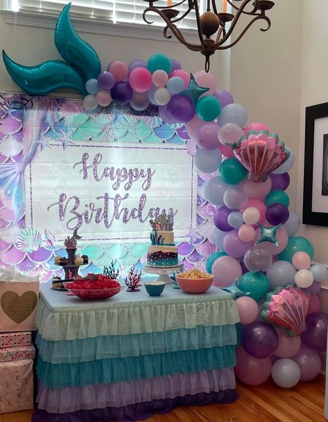 Mermaid birthday party for girls Pink Mermaid Birthday Party Decorations, Unicorn Mermaid Birthday Party Decorations, 2 Year Mermaid Party, Mermaid Theme 2nd Birthday Party, Four Year Old Mermaid Birthday, Mermaid Birthday Party At Home, Ariel Birthday Decorations, Mermaid 5th Birthday Party Ideas, Mermaid Theme Table Decor