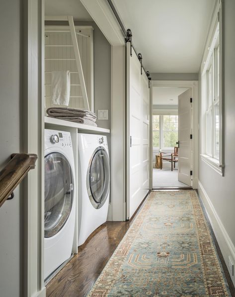 Family Farmhouse - Farmhouse - Laundry Room - Boston - by Adams + Beasley Associates | Houzz Hidden Laundry, Rustic Home Offices, Drying Room, Hallway Closet, Laundry Room Doors, Barn Style Doors, Laundry Design, Farmhouse Laundry Room, Laundry Closet