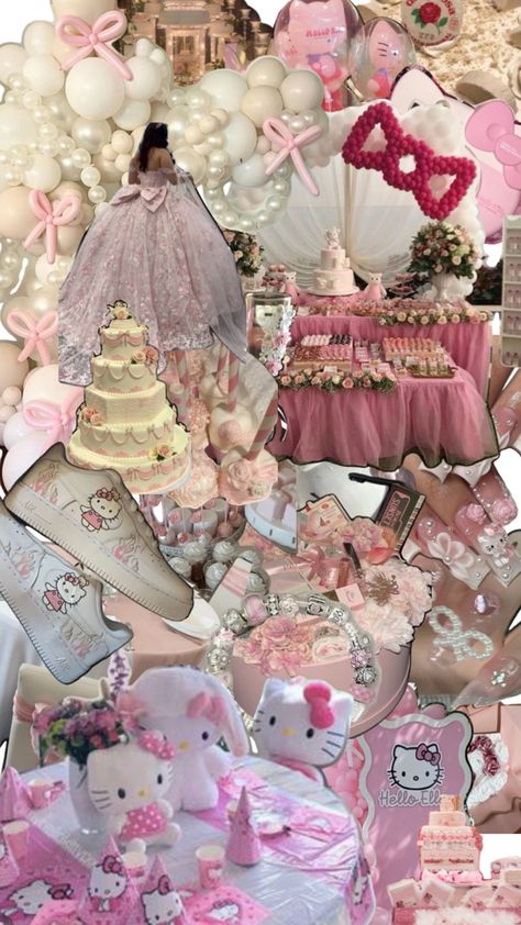 Hello Kitty Quince, Hello Kitty Quinceanera, Pink Quince Theme, Quinceanera Dresses Blush, Quince Centerpieces, Quince Decor, Quinceanera Pink, Hello Kitty Decorations, Quinceanera Themes Dresses