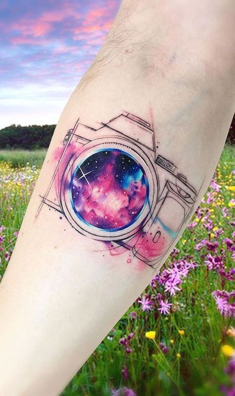 camera-lens-with-galaxy-inside-it-space-tattoo-ideas-forearm-watercolor-tattoo Galaxy Tattoo Sleeve, Camera Tattoos, Best Tattoo Ever, Universe Tattoo, New Tattoo Designs, Camera Tattoo, Galaxy Tattoo, Tattoo Photography, Tatuaje A Color