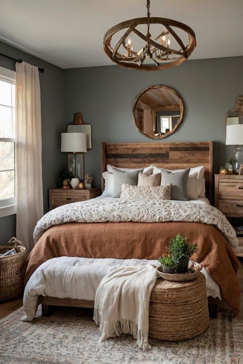 bedroom design style, bedroom decor ideas, interior design trends, modern bedroom design Master Bedrooms Decor Rustic Modern, Bedroom Inspo Master, Rustic Modern Style, Bedroom Inspo Rustic, Boho Rustic Bedroom Ideas, Boho Primary Bedroom, Modern Rustic Bedding, Ranch Style Bedroom Ideas, Bedroom Style Ideas Modern