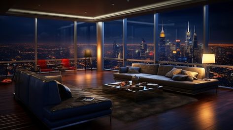 A living room with a view of the city at... | Premium Photo #Freepik #photo #apartment #suite #home-interior #penthouse Nyc Penthouse Living Room, Luxury Penthouse Living Room, New York Living Room, Living Room With A View, Penthouse New York, Modern Penthouse Apartment, Penthouse Aesthetic, Appartement New York, Penthouse Living Room