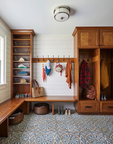 40 Mudroom Ideas for Spaces Small and Large Built In Cubbies, Small Mudroom Ideas, Mudroom Cubbies, Mudroom Remodel, In Law House, Colorful Tile, Mudroom Cabinets, Mud Room Entry, Mudroom Ideas