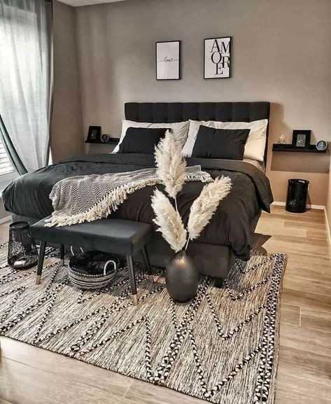 Beige And Black Bedroom, Black And Grey Bedroom, Small Bedroom Ideas For Couples, Bedrooms For Couples, Black Bedroom Decor, Apartment Decorating Living, Grey Bedroom Decor, Couple Room, Decor Ideas Bedroom