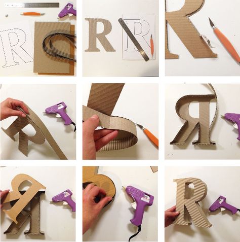 Diy Cardboard Letters, Large Cardboard Letters, Cardboard Costume, Glue Stick Crafts, Hadiah Diy, How To Make Letters, Cardboard Letters, Cardboard Box Crafts, Instruções Origami