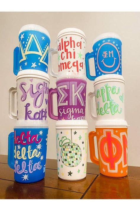 Hand-Painted Sorority Mugs: Phi Mu Designs Sorority Gifts Diy, Sorority Canvas Art, Sorority Baskets, Sorority Coolers, Big/little Baskets, Sorority Cups, Big Little Basket, Custom Gift Ideas, Greek Gifts