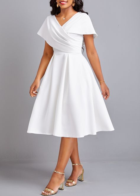 Short Sleeve White Dress, White Dress Classy, Classy White Dress, Umbrella Dress, White Dress Styles, White Dress Outfit, White Short Sleeve Dress, Simple White Dress, Elegant White Dress