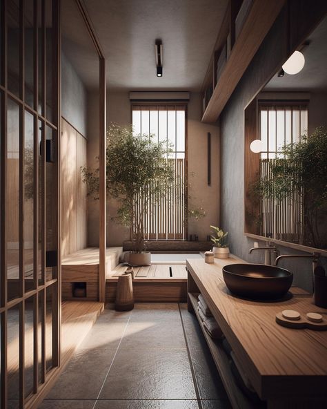 Japanese Inspired Bathroom, Japanese Bathroom Design, Japanese Style Bathroom, Japanese Bathroom, Japandi Interior Design, Zen Interiors, Japanese Home Design, Zen House, Led Mirrors