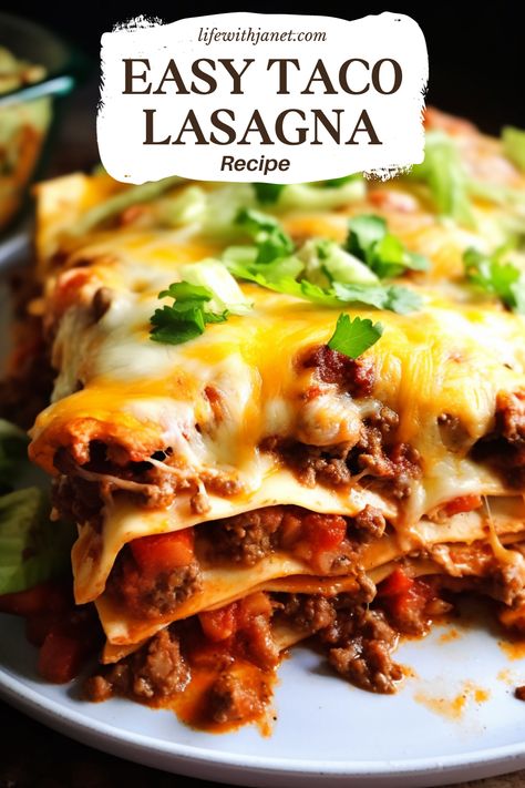 Baked taco lasagna in a casserole dish topped with melted cheese Easy Taco Lasagna, Lasagna Pie, Mexican Lasagne, Lasagna Layers, Taco Lasagna Recipe, Mexican Entrees, Mexican Favorites, Taco Lasagna, Lasagna Casserole