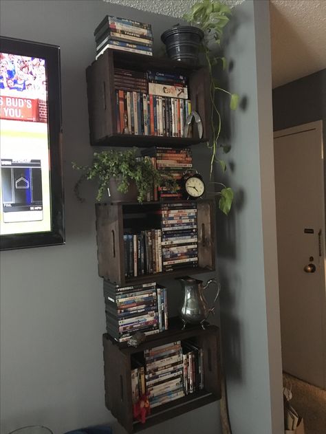 Movie Shelf Aesthetic, Dvd Wall Aesthetic, Movie Shelf Ideas, Diy Cd Storage, Dvd Display Ideas, Dvd Storage Ideas Living Room, Dvd Shelf Ideas, Dvd Organization Ideas, Cd Organization Ideas