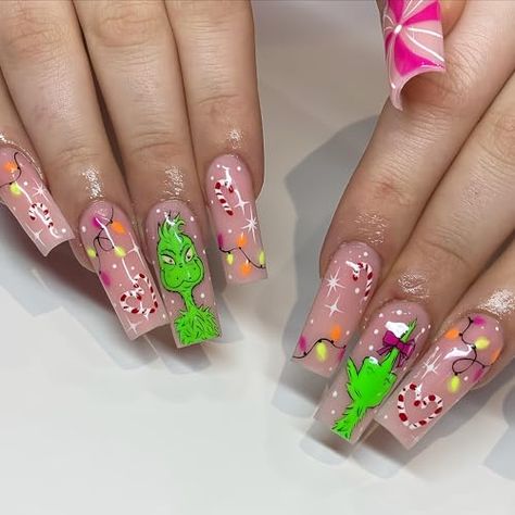 Christmas Press on Nails Long Square Fake Nails Cute Green Monster False Nails with Designs Full Cover Glossy Nude Pink Xmas Stick on Nails Holiday Acrylic Coffin Shape Nails for Women DIY Nails 24Pcs Nails Long Square, Christmas Press On Nails, Press On Nails Long, Nails Cute, Cute Christmas Nails, Green Monster, Coffin Shape Nails, Festival Nails, Nails Long