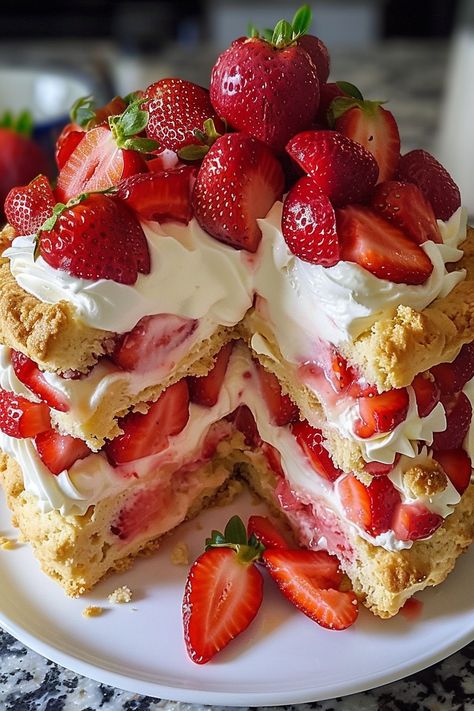 Classic Strawberry Shortcake Delight Fancy Strawberry Shortcake, Strawberry Dishes Recipe, Yummy Food Dessert Sweets, Best Strawberry Shortcake Recipe, Strawberry Foods, Ideas For Dessert, Strawberries Shortcake, Fish Dessert, Moist Strawberry Cake