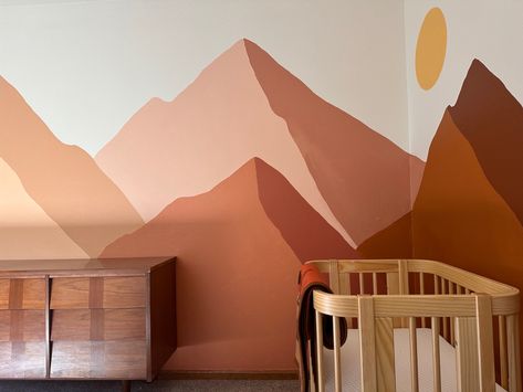 Desert Mountain Mural, Mountain Nursery Mural, Desert Mural Wall, Desert Nursery Theme, Nursery Mountain Mural, Desert Nursery, Desert Tones, Baby Play Areas, Mountain Scape