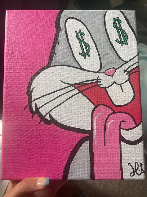 Things To Draw On A Poster, Pink And Gray Painting Ideas, High Painting Ideas Creative, Bugs Bunny Drawing Easy, Arctic Monkeys Canvas Painting, Painting Things Ideas, Easy Cartoons To Paint, Easy Drawing Ideas On Canvas, Bugs Bunny Canvas Painting