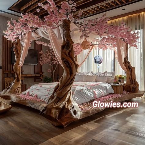 Monique L Dorange | 🌸 Cherry Blossom Wooden Canopy Bed 🌸 | Instagram Cherry Blossom Room Aesthetic, Cherry Blossom Bedroom Ideas, Sakura Bedroom, Asian Inspired Bedroom, Cherry Blossom Bedroom, Wooden Canopy Bed, Wooden Canopy, New Bedroom Ideas, Inspired Bedroom