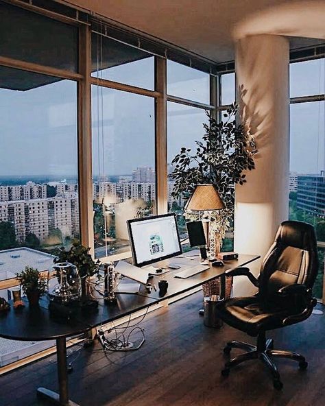 Home office watching over the city, with speakers pumping business beats. Office With A View, Corporate Office Design, Dream Office, Corporate Interiors, Office Furniture Design, Office Workspace, Interior Paint Colors, Home Office Setup, Dream Apartment