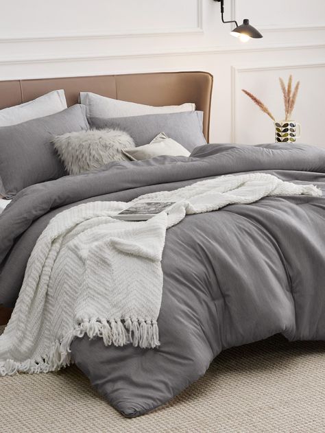 Dark Grey  Collar     Embellished  Fall,Spring,Summer,All Seasons Bedding King Grey Bedding, Gray Bedding Bedroom Ideas, King Size Comforter Sets Master Bedrooms, Comfy Bedding Ideas, Gray Bedding With Pop Of Color, Grey Duvet Cover Bedroom, Dark Grey Bedding Ideas, Bedding For Couples, Bedsure Bedding