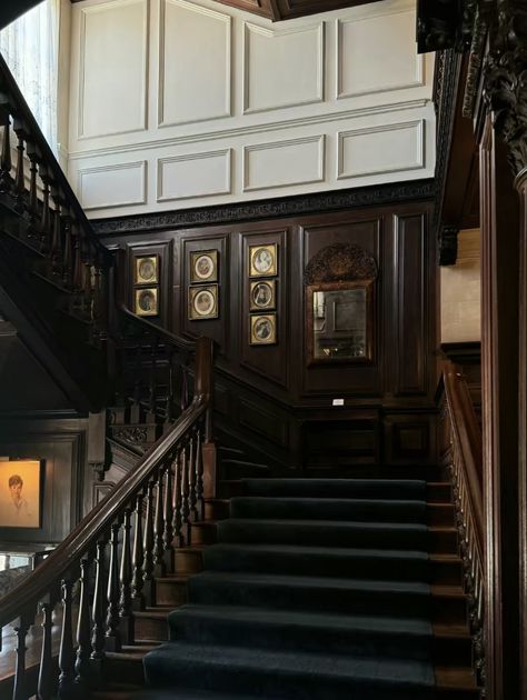 Dark Academia Aesthetic House, Academia Room Aesthetic, Gothic Academia Aesthetic, British Mansion, Dark Academia House, Old Mansions Interior, English Countryside Home, Academia House, Old Stairs